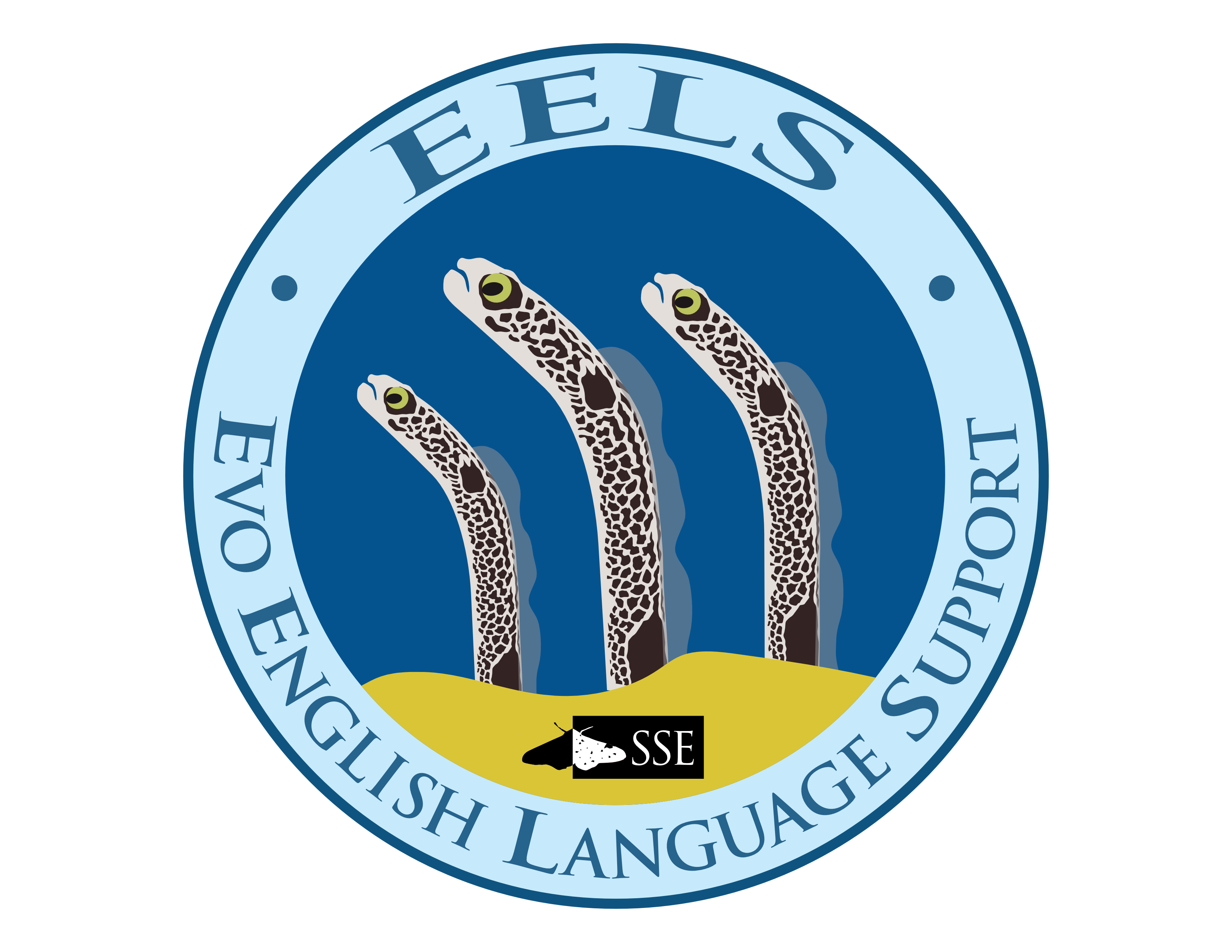 Circular EELS logo. Text: EELS. Evo English Lanugage Support. The words surround a digital drawing of three eels underwater, poking their heads up out of the sand.