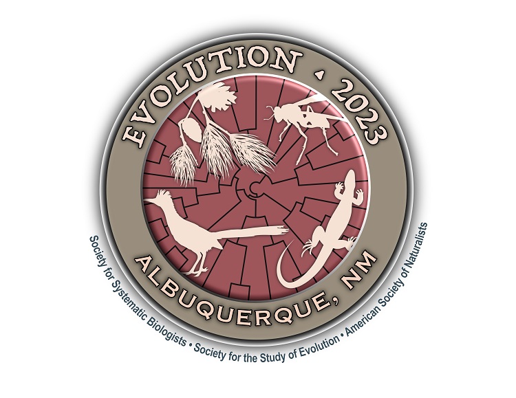 Evolution 2023 logo. At the center is a round phylogenetic tree with silhouettes of a roadrunner, lizard, fly, and coniferous plant. In a ring around the center are the words Evolution 2023, Albquerque, NM